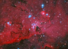 NASA’s Hubble Captures Crimson Cloud Sparkling with White, Blue Stars